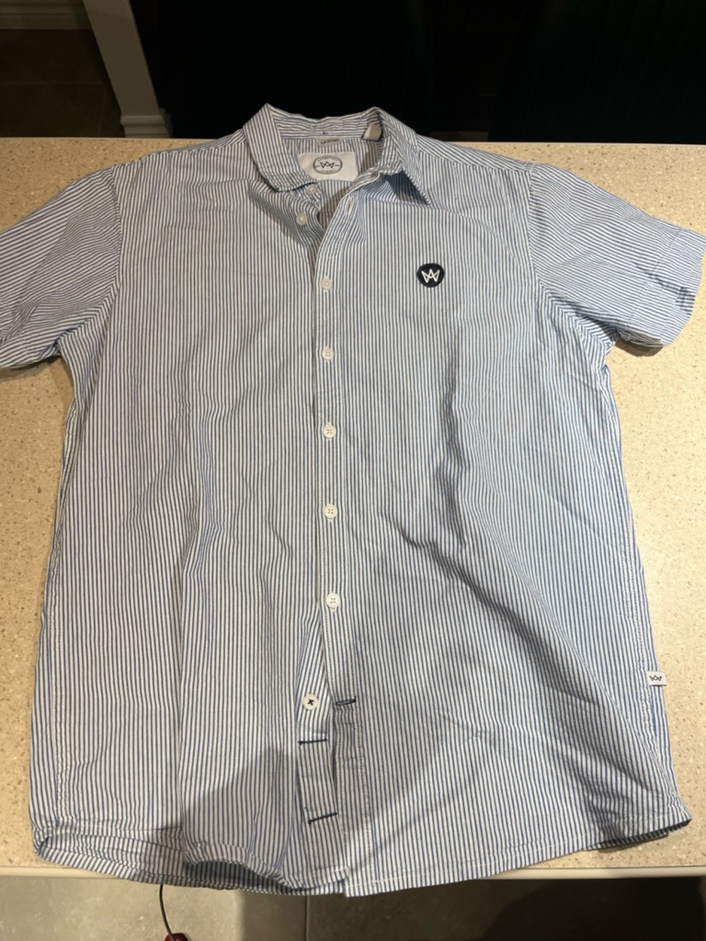 Men's Light Blue and White Striped Short-Sleeve Button-Down Shirt